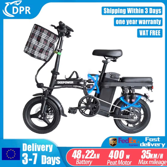 DEEPOWER K306 Electric Bike 400W 48V 22AH Folding Electric Bicycle With Basket Mini Ebike for Urban Commuter Lightweight Bicycle