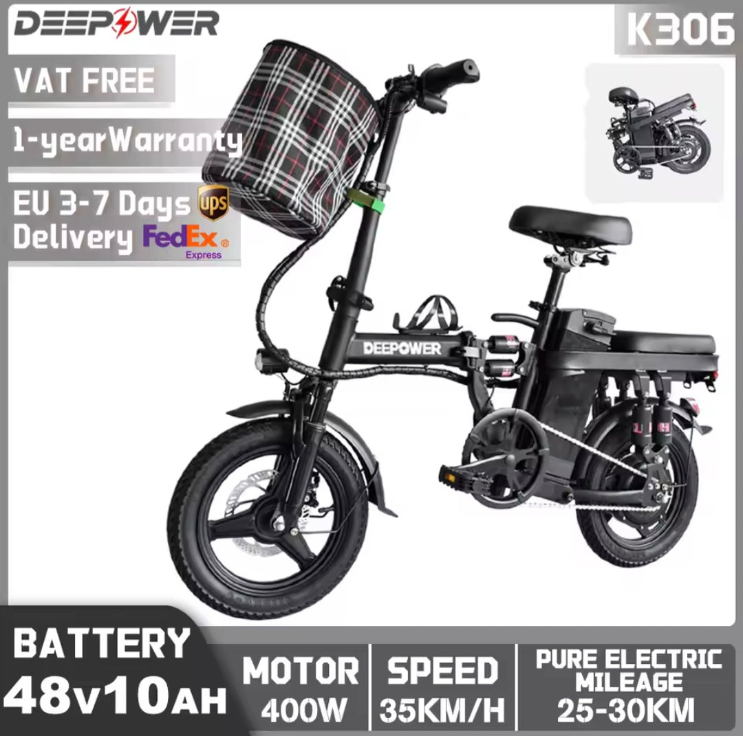 DEEPOWER K306 Electric Bike 400W 48V 22AH Folding Electric Bicycle With Basket Mini Ebike for Urban Commuter Lightweight Bicycle